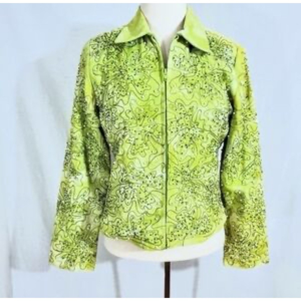 Anage Jacket Large Lime Green Embroidered Floral Beaded Art to Wear Vintage